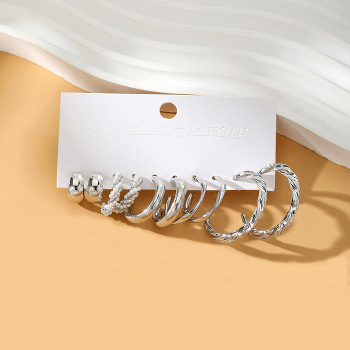 Wholesale 6-piece geometric pearl and diamond statement earring set