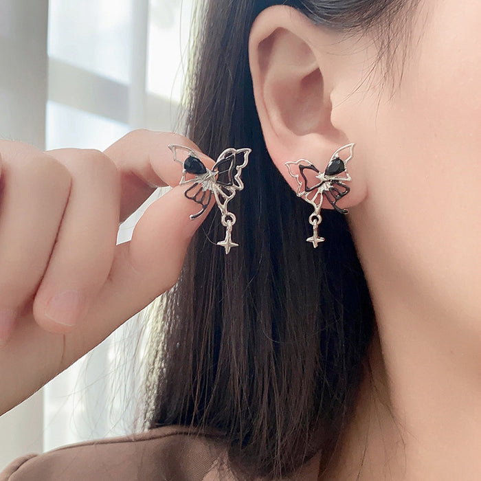 Wholesale Asymmetric butterfly hollow silver needle earrings, new personalized and niche earrings, high-end and versatile earrings