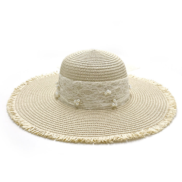 Wholesale Pearl Bow Raw Edge Straw Hat Summer Breathable Lace Streamer Straw Hat