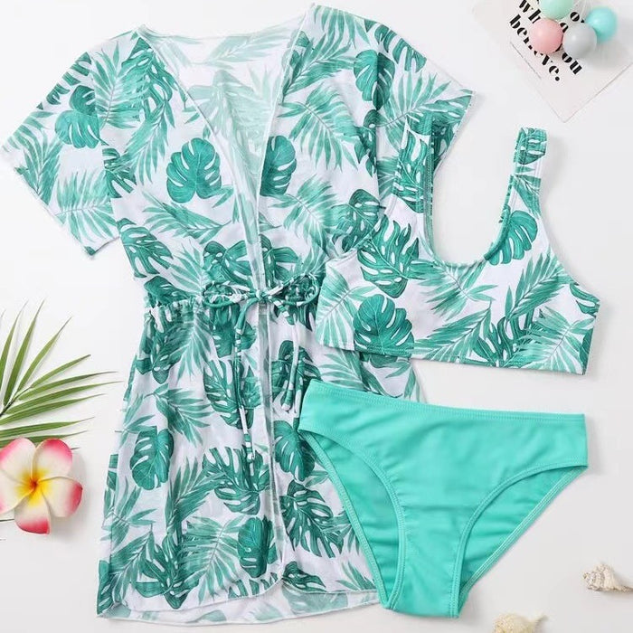 Wholesale Children's split swimsuit with waist cinching, sun protection print, girls' swimsuit