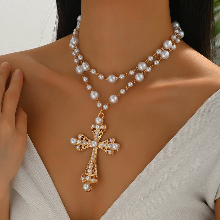 Wholesale Pearl studded cross necklace, high-end women's accessories