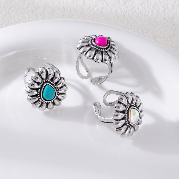 Wholesale Bohemian Ethnic Flower Turquoise Adjustable Ring