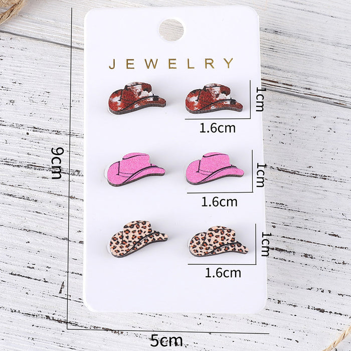 Wholesale Western style leopard print cow pattern turquoise pattern cowboy hat earring set wooden earrings gift