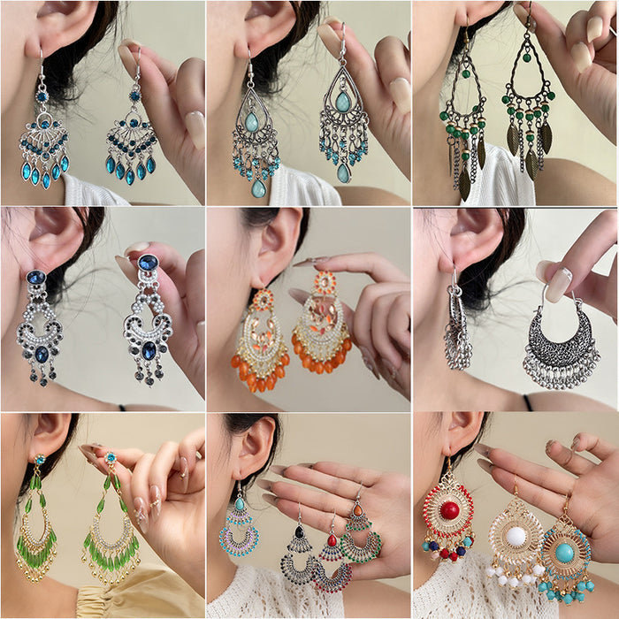 Wholesale Retro Bohemian Long Tassel Drop Earrings Heavy Industry Creative Ethnic Style Diamond-Encrusted High-End Earrings
