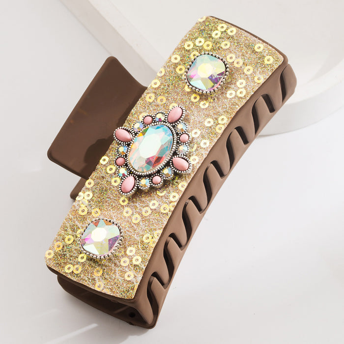 Wholesale Retro Leather Diamond-encrusted Pearl Turquoise Grab Clip Back Head Tie Hair Square Clip Elegant Hair Clip