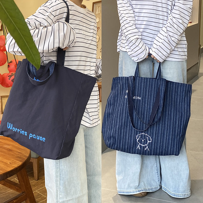 Wholesale Tote casual single shoulder large capacity bag with embroidered canvas denim bag on both sides