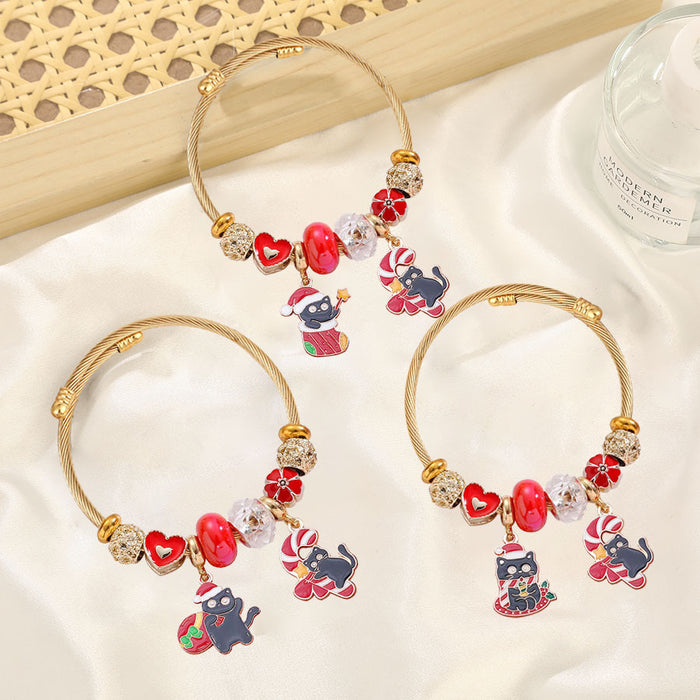 Wholesale Christmas Black Cat Pendant Stainless Steel Bracelet Women Fashion Accessory MOQ≥2