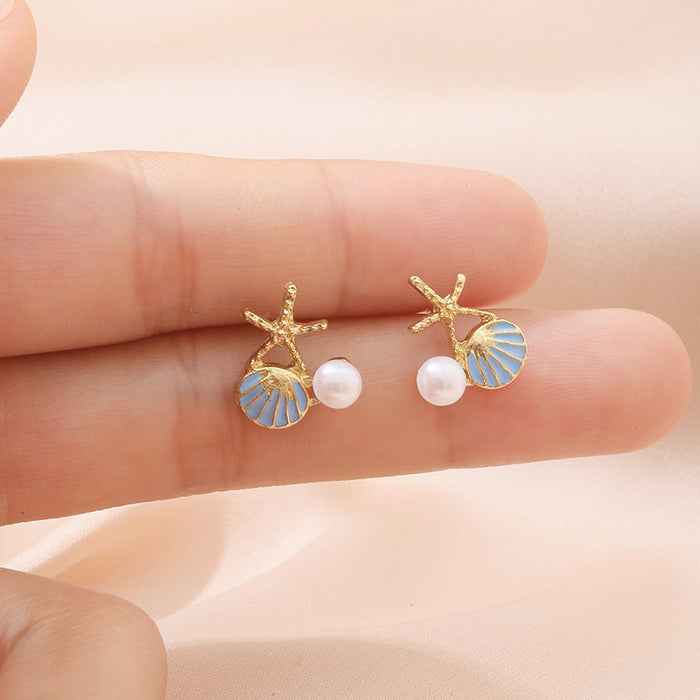 Wholesale Small and luxurious element, oil dripping scallop, starfish, imitation pearl, diamond studded earrings