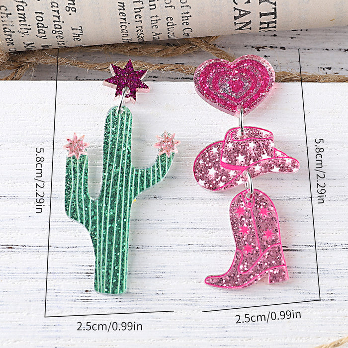 Wholesale Western Style Cactus Denim Hat Boots Sequin Acrylic Pendant Earrings Asymmetric Earrings