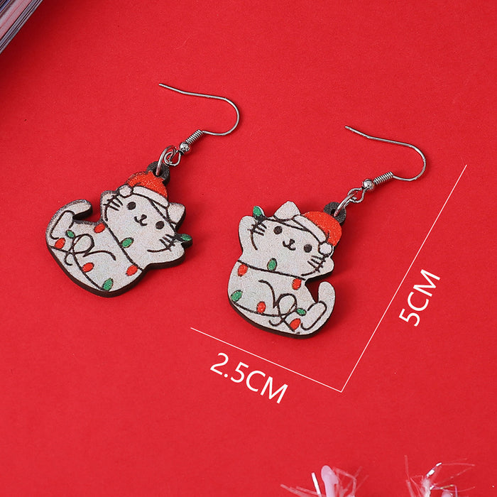 Wholesale Christmas Lights Cat Pendant Wooden Earrings