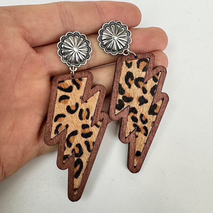 Wholesale Western lightning earrings classic leopard print genuine leather inlaid wood texture earrings