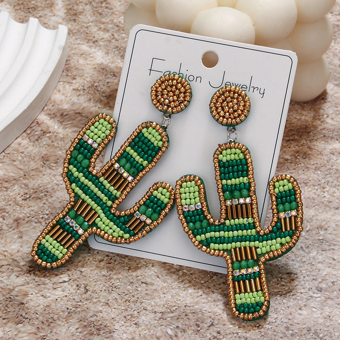 Wholesale Creative Retro Green Cactus Beaded Earrings
