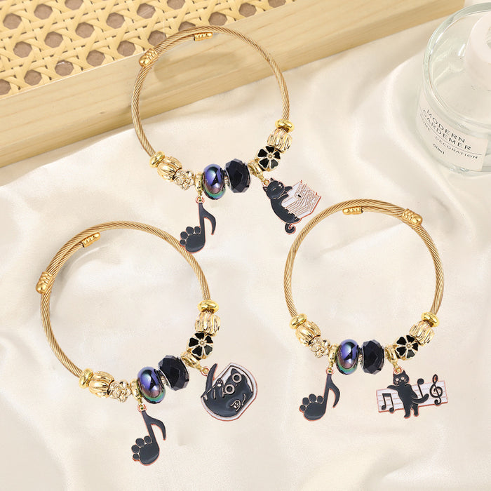 Wholesale Cute Cartoon Black Cat Pendant Stainless Steel Open Adjustable Bracelet Jewelry MOQ≥2 Accessory for Women
