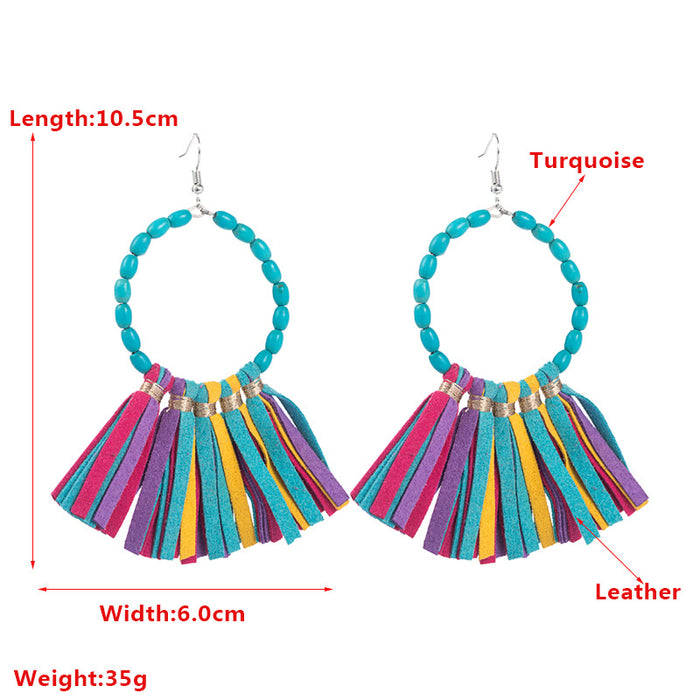 Wholesale Large round turquoise handmade leather tassel statement earrings
