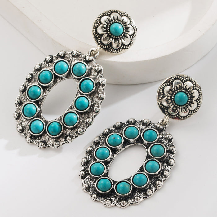 Wholesale Vintage heavy-duty openwork floral turquoise Statement Earrings