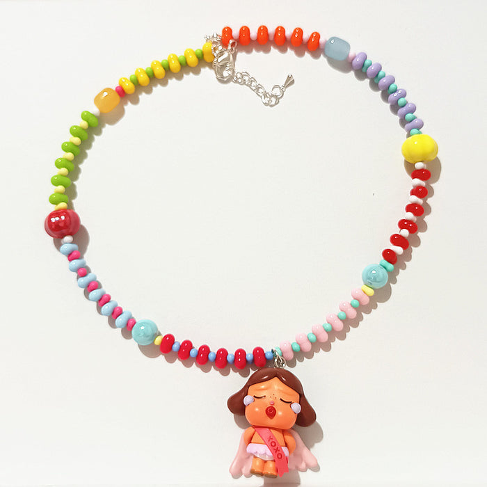Wholesale Crystal acrylic beaded cute  angel frog cute grain short necklace