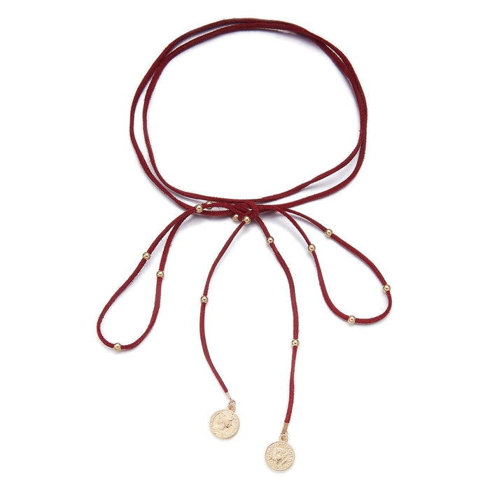 Wholesale Vintage Red Bow Layered Choker Necklace with Metal Round Pendant