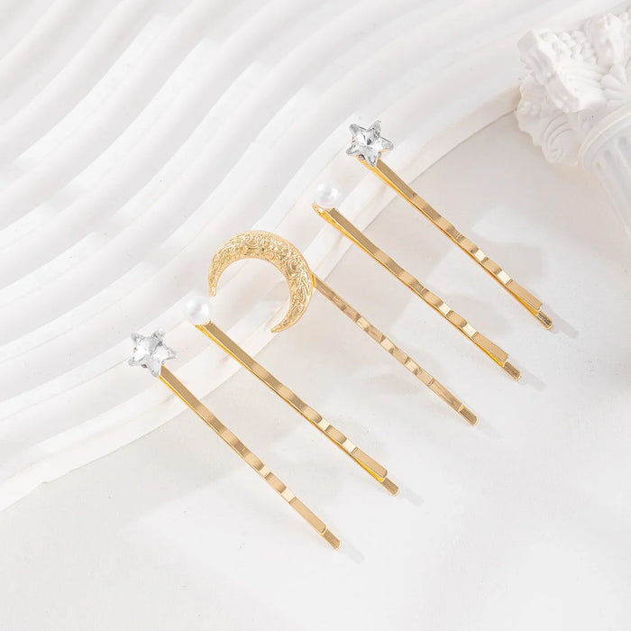 Wholesale Fashion jewelry set with diamond studded stars, alloy moon headpiece, pearl hair clip set