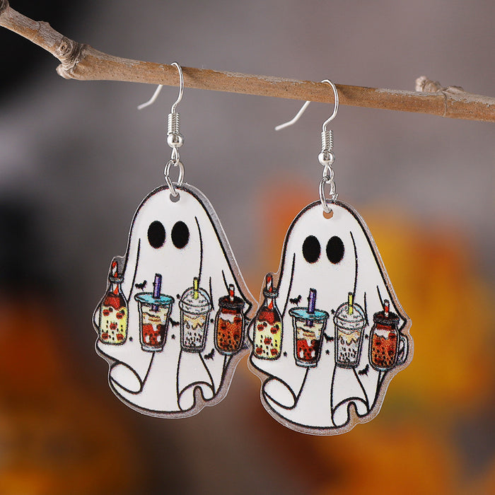 Wholesale  Cute Ghost Coffee Cup Pendant Earrings Acrylic Ear Jewelry Holiday Party Gifts
