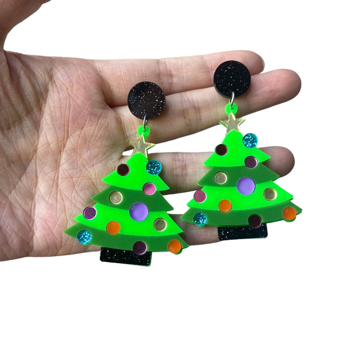 Wholesale Christmas acrylic earrings color ing green pink Christmas tree personality earrings
