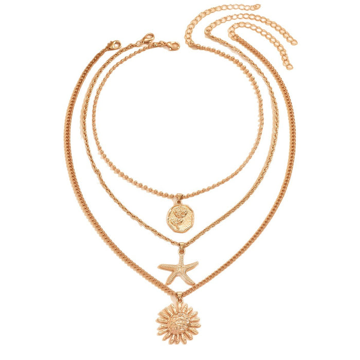 Wholesale Jewelry Rose Sea Star Sun Zinc Alloy Pendant Necklace Simple and Versatile Cuban Chain Necklace