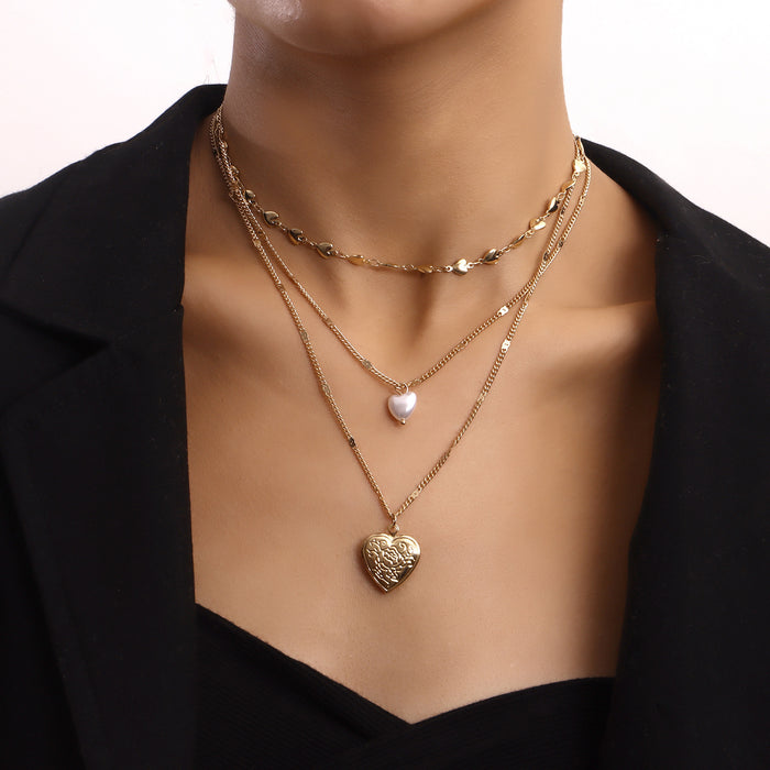Wholesale Temperament multi-layer heart chain pearl openable heart pendant necklace for women