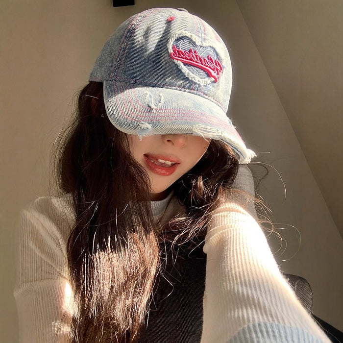 Wholesale Love washed denim baseball cap, retro distressed distressed, wide brim duckbill cap
