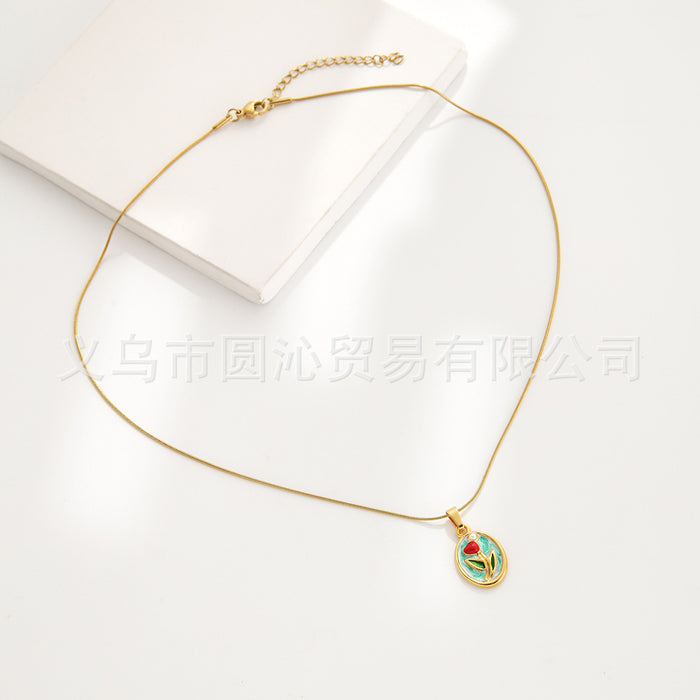 Wholesale Oil Painting Flower Pendant Earrings Necklace Set Versatile Stainless Steel Oil Dripping Double Layer Clavicle Chain