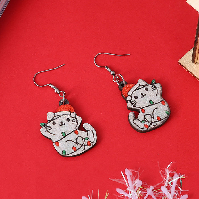 Wholesale Christmas Lights Cat Pendant Wooden Earrings