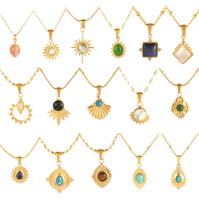 Wholesale Natural Stone Pendant Necklace Stainless Steel Turquoise Sun Pendant Clavicle Chain