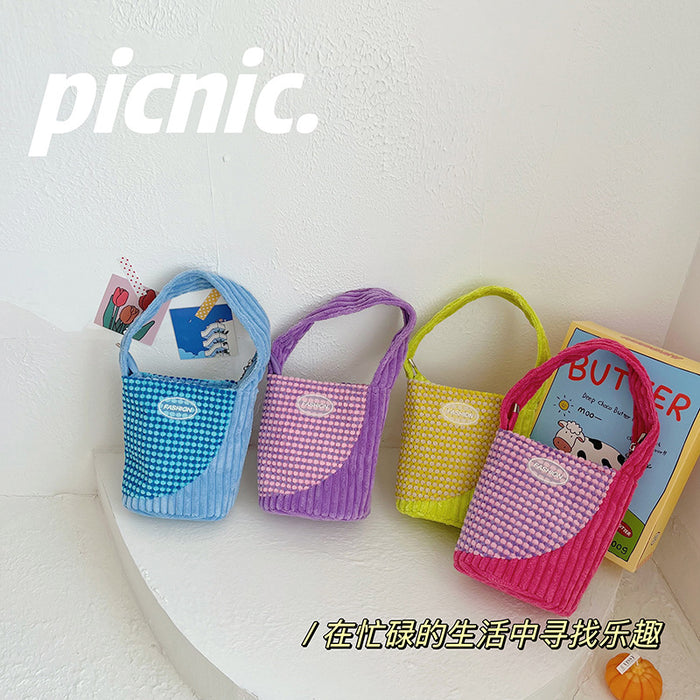 Wholesale Corduroy Children's Bag Fashion Contrast Color Casual Handheld Shoulder Bucket Bag  JDC-HB-YuanDuo006