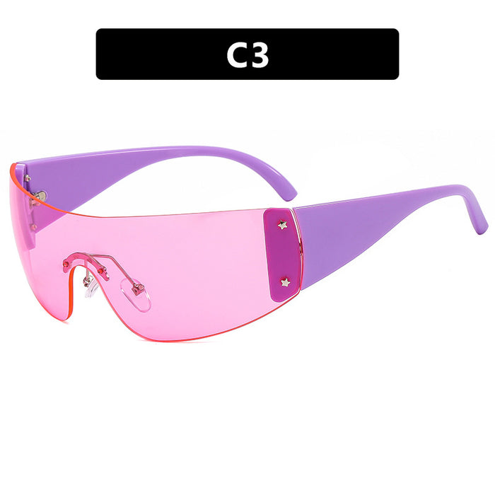 Wholesale Frameless one-piece sunglasses, pentagram sunglasses, sports glasses