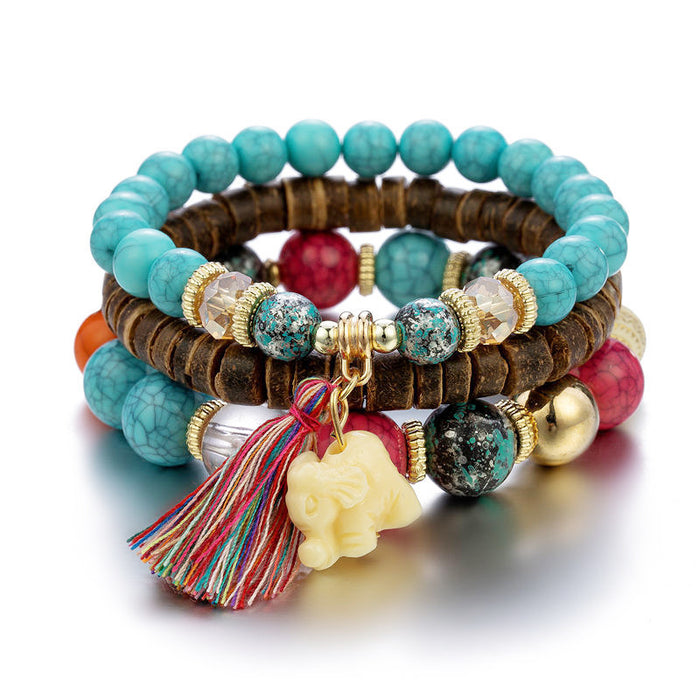 Wholesale Ethnic Style Elephant Tassel Wooden Beads Multi-layer Bracelet JDC-BT-NHong012