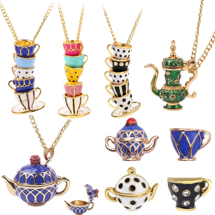 Wholesale Enamel glazed teacup earrings and long sweater chain