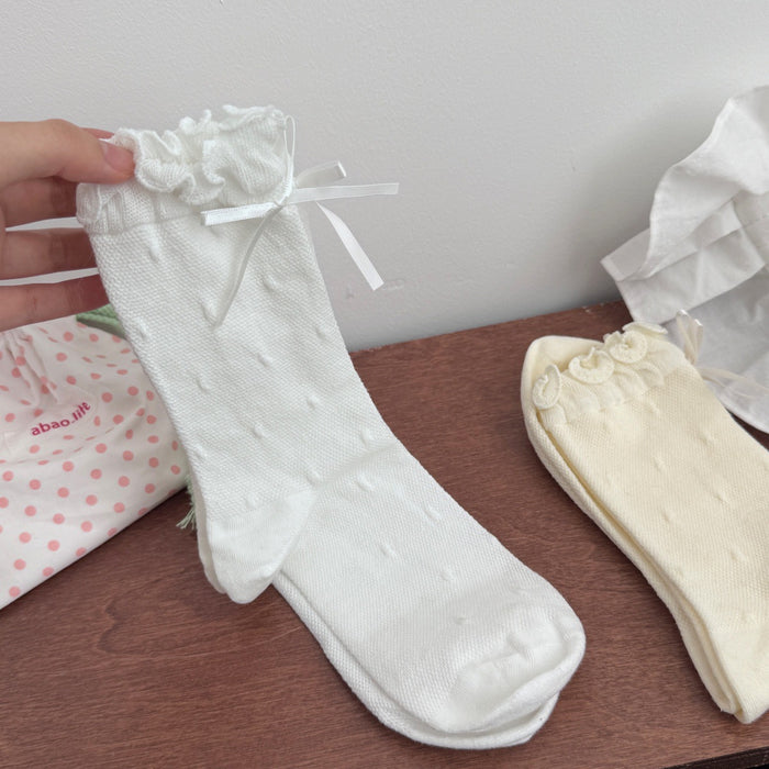 Wholesale Cute mid length socks with butterfly bow and polka dot cotton socks, sweat absorbing and breathable boneless socks