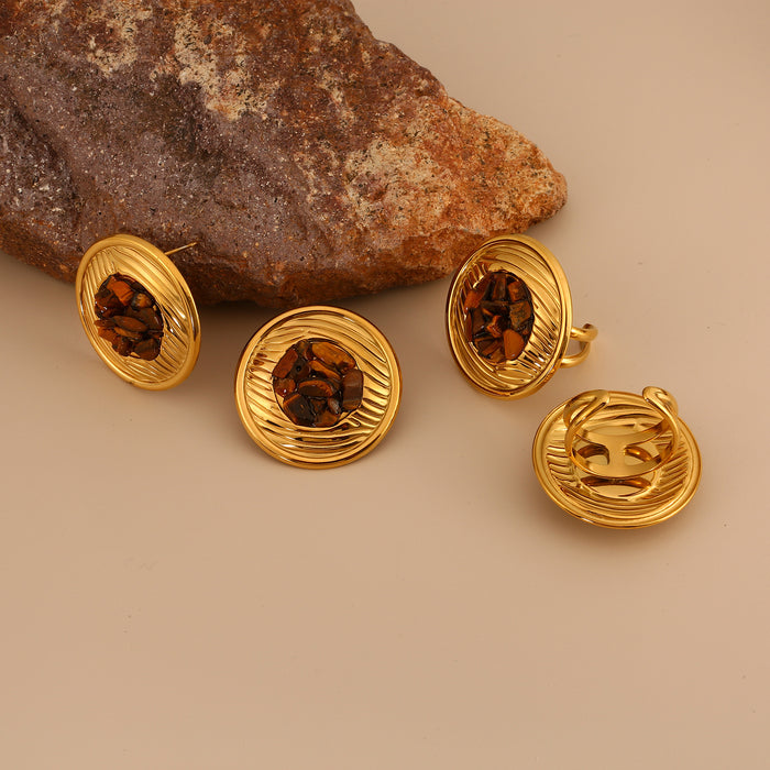 Wholesale New Fashionable Luxury Design Stainless Steel Circular Texture Set with Natural Stone Opening Ring and Earring Set