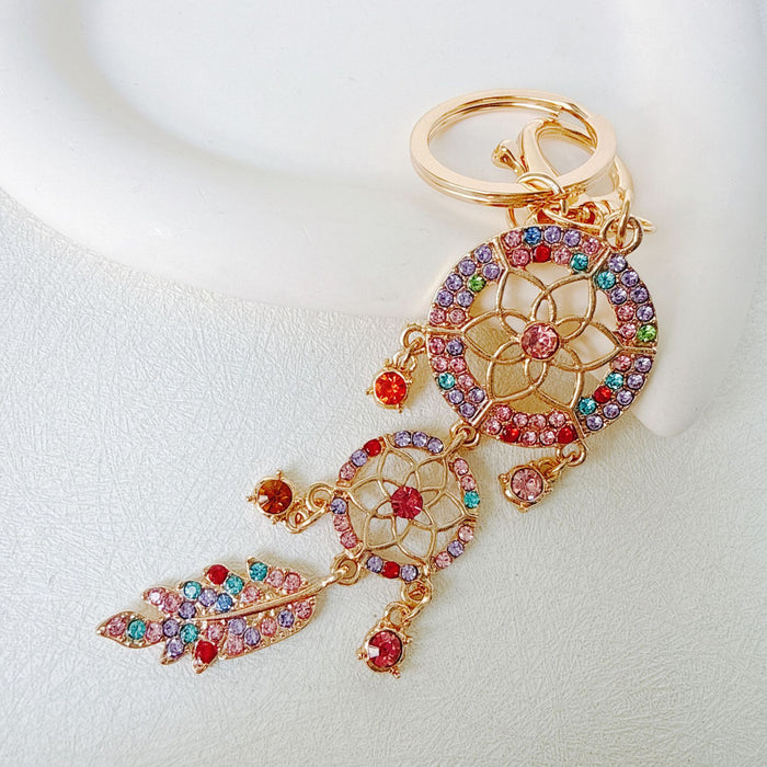 Wholesale Pink Dream Catcher Keychain Rhinestone Tassel Feather Zinc Alloy Chic Gift MOQ≥12