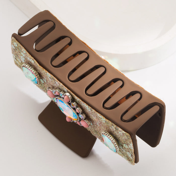 Wholesale Retro Leather Diamond-encrusted Pearl Turquoise Grab Clip Back Head Tie Hair Square Clip Elegant Hair Clip