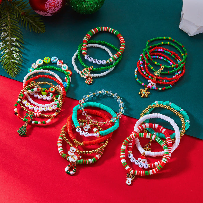 Wholesale Christmas colorful gift bracelet for women Christmas tree gift box letter polymer clay elastic beaded stacking bracelet