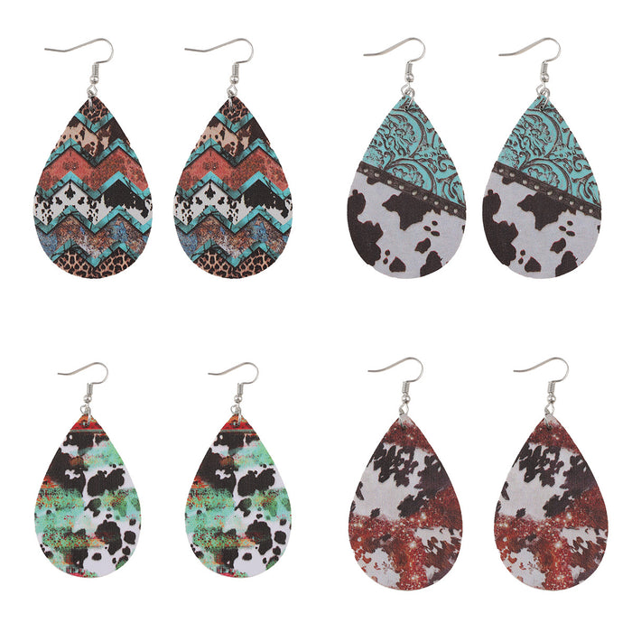 Wholesale Ethnic Leopard Dairy Pattern Turquoise Pattern Water Drop Earrings Women PU Double-sided Earrings