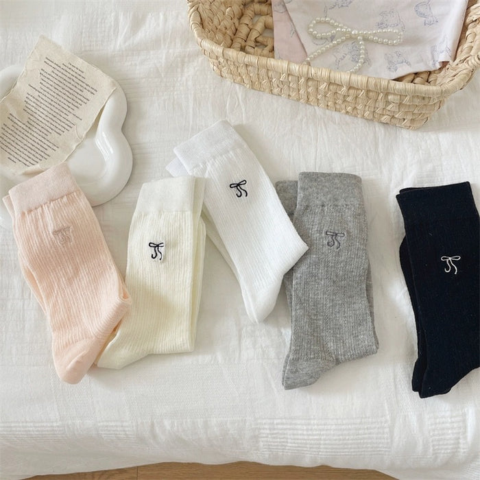 Wholesale Thin socks, mid length socks, embroidered bow, pure cotton socks, stacked socks