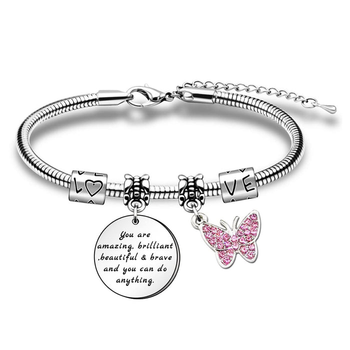 Wholesale Stainless steel chain bracelet with hollowed out heart-shaped circular hanging tag, engraved pendant, diamond inlaid butterfly pendant, stainless steel bracelet