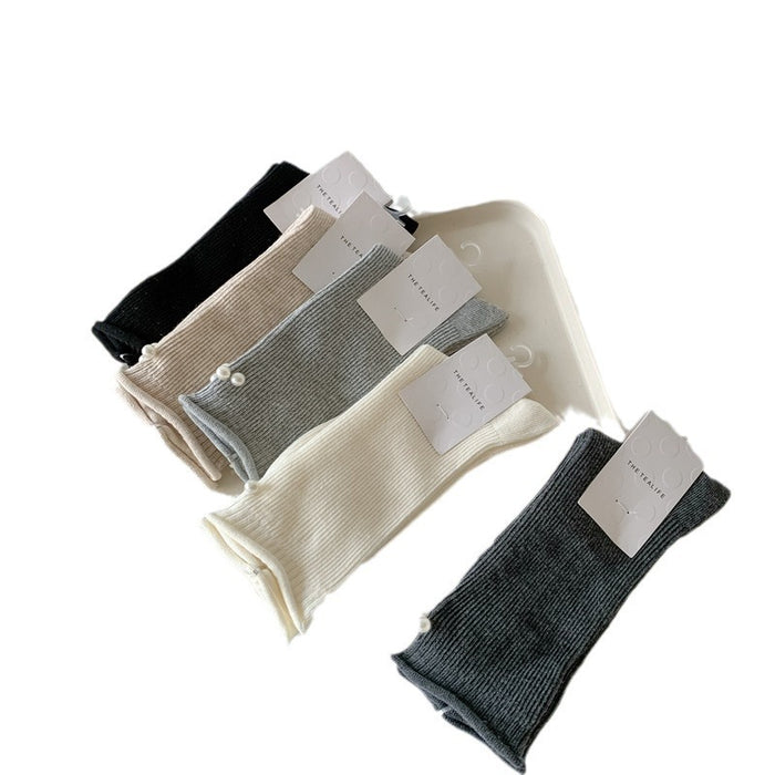 Wholesale Socks Double Needle Solid Color Curled Edge Stacked Socks Middle Tube Socks