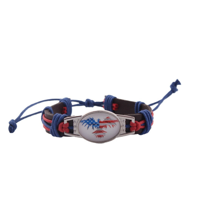 Wholesale Flag genuine leather woven bracelet with adjustable DIY zinc alloy red, white, and blue bracelet