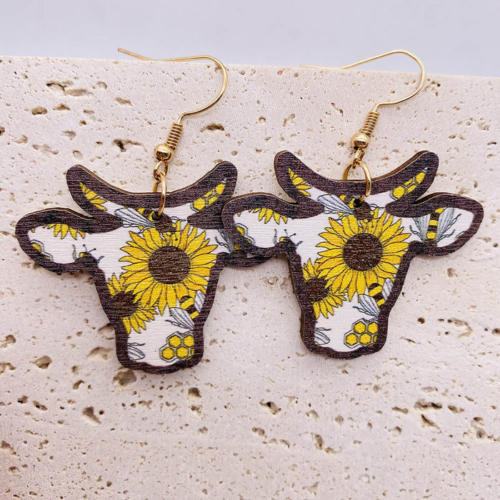 Wholesale Western Bull Head Sunflower Wooden Earrings JDC-ES-Chengy033