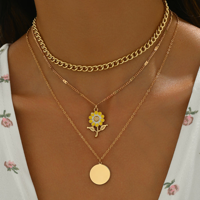 Wholesale Sunflower round pendant, three-layer necklace, women's niche, versatile, high-end, collarbone chain necklace