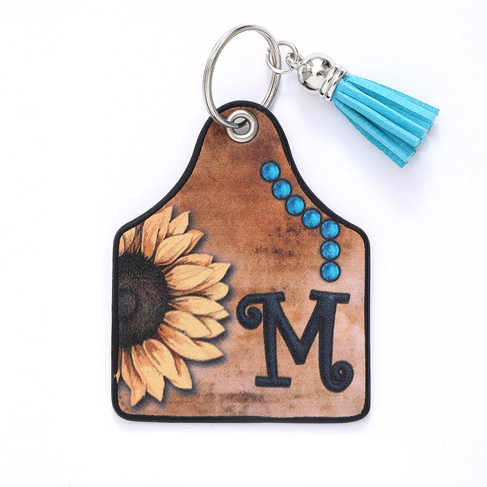 Wholesale Leather Sunflower Letter Tassel Keychain Pendant