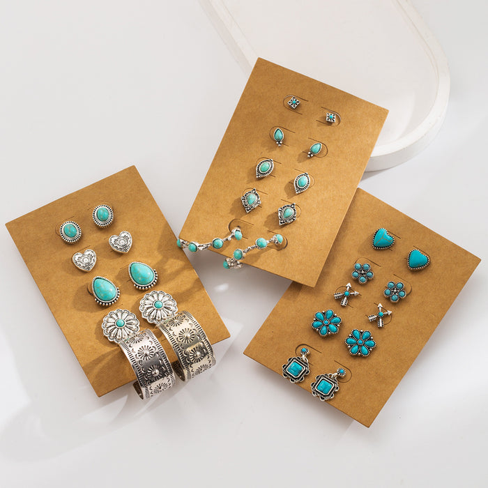 Wholesale 5 pairs of vintage turquoise flower heart geometric stud earrings