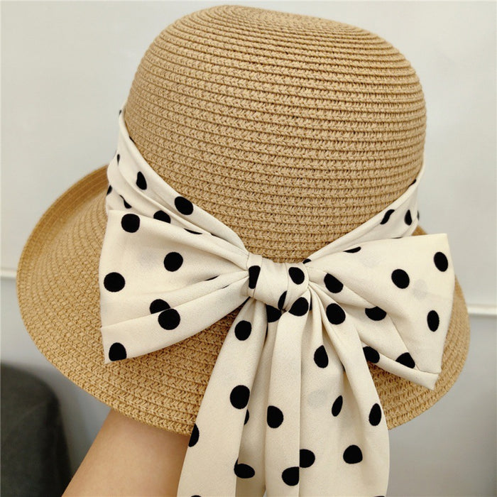 Wholesale Retro elegant polka dot bow sun hat, straw hat, sun protection basin hat