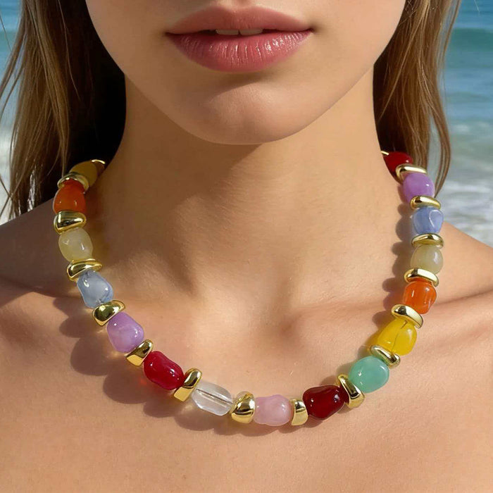 Wholesale Acrylic Bohemian Rainbow Beaded Chain Necklace Jewelry Accessory MOQ≥10